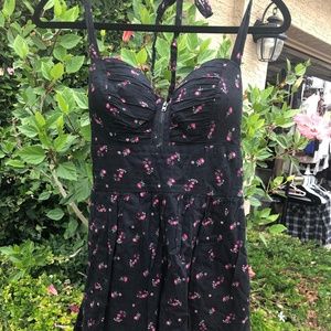 Guess Retro Black Pink Floral Halter Tie Sundress